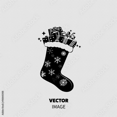 A festive black stocking filled with beautifully wrapped gifts and adorned with snowflakes.