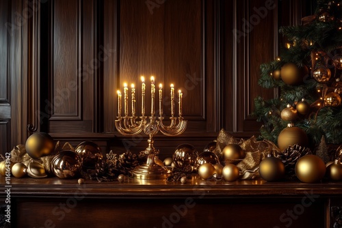 A beautiful Hanukkah scene with the golden Menorah, beautifully lit by many candles on an elegant wooden table, surrounded by festive decorations like gold ornaments + Christmas lights. Generative AI photo