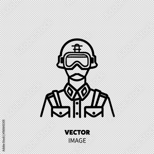 Illustration of a male soldier in military attire with a helmet and goggles, conveying a sense of readiness and discipline.