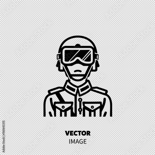 A monochrome illustration of a soldier in uniform, wearing sunglasses and a helmet, exuding a sense of authority and readiness.