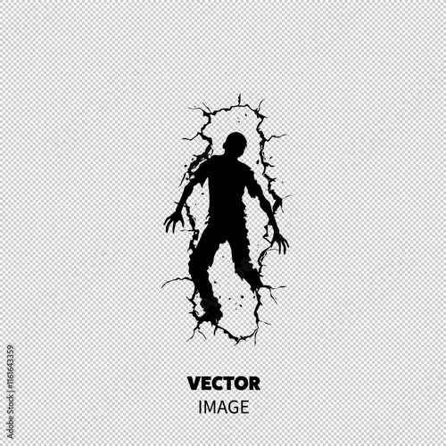 A shadowy figure emerges from a cracked wall, creating an eerie and unsettling atmosphere.
