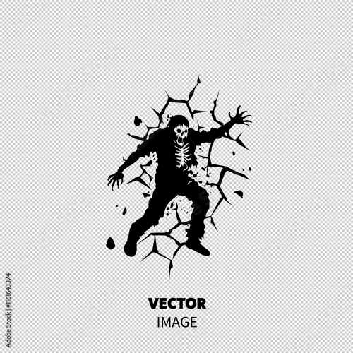 A haunting silhouette of a skeleton breaking through cracked walls, creating a dramatic and eerie effect.