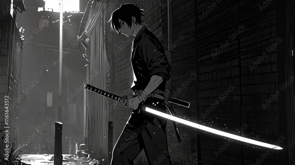 Naklejka premium black anime aesthetic wallpaper laptop,Silent fighter with a glowing katana, standing in dense shadows