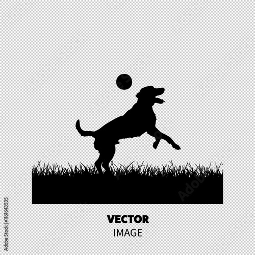 A playful silhouette of a dog jumping to catch a ball against a light background.