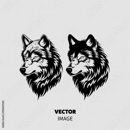 Stylized black and white illustrations of two wolves, showcasing detailed fur and fierce expressions.