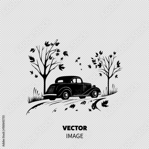 A vintage black car parked on a winding road surrounded by autumn trees shedding golden leaves.