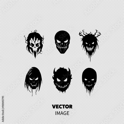 A collection of six eerie and menacing skull and monster designs in black silhouette.