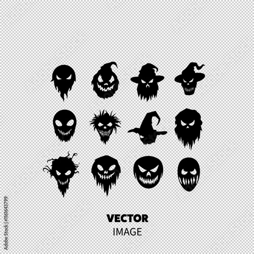 A collection of spooky and creative Halloween-themed black silhouettes of various ghoulish faces.