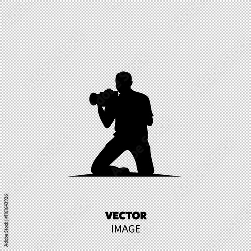 Silhouette of a male photographer crouching with a camera, capturing a moment against a plain background.