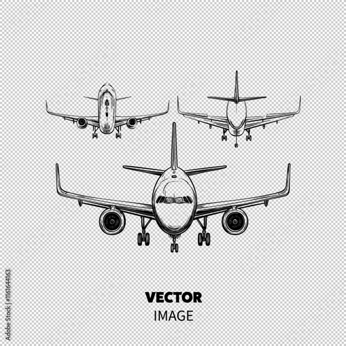 Illustration of a commercial airliner from multiple perspectives.
