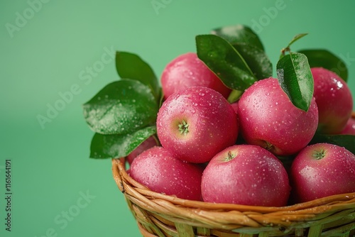 Fresh rose apples in a wicker basket surrounded by green leaves and a green backdrop Tropical fruit with a slightly sweet crunchy texture