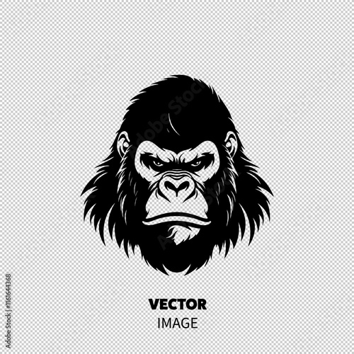 Stylized black and white illustration of a gorilla's head, showcasing its fierce expression and detailed fur.