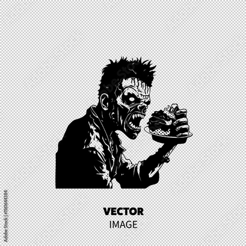 A menacing zombie, portrayed in a graphic style, intensely holds a burger, combining horror and appetite.