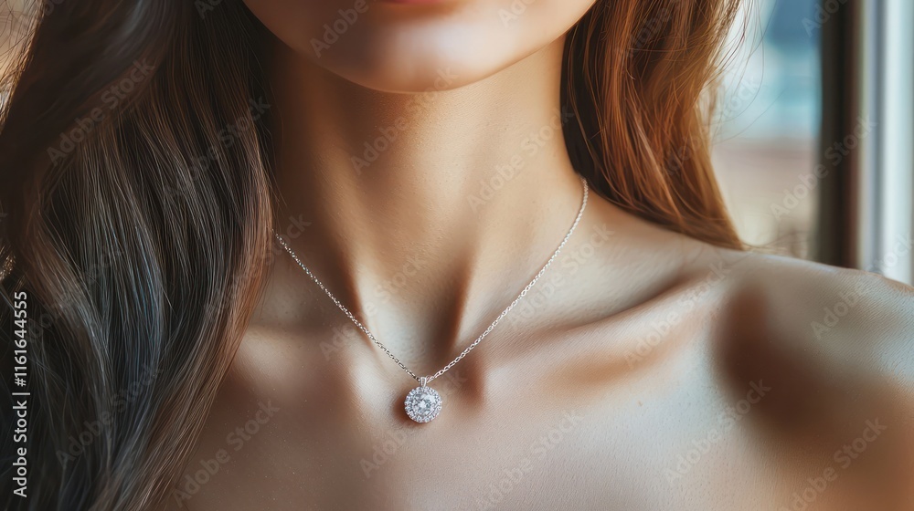 Elegant woman wearing a shiny diamond pendant, emphasizing beauty and sophistication.