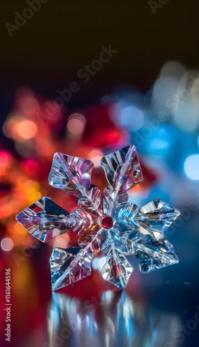 Crystalline Snowflake Ornament with Bokeh Lighting