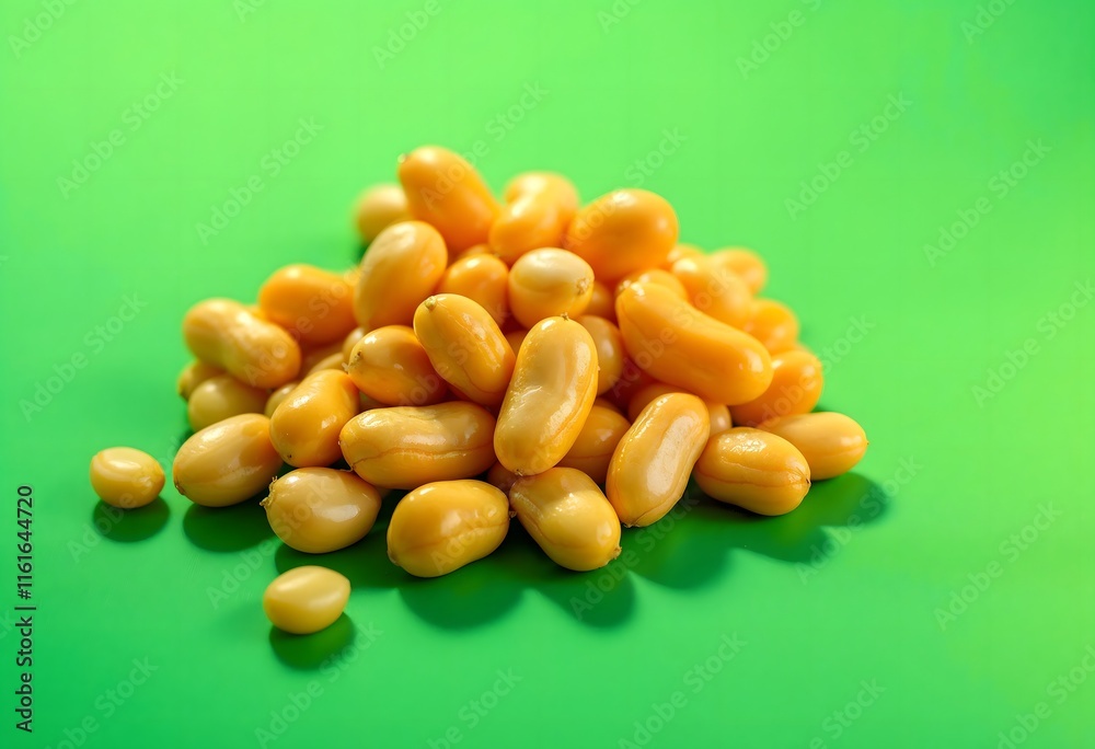 Fototapeta premium Golden Yellow Beans Heap Green Background Closeup Shot. Object isolated on grren screen.