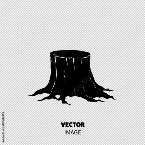 A stark black silhouette of a tree stump, showcasing textured bark and protruding roots against a minimalist background.