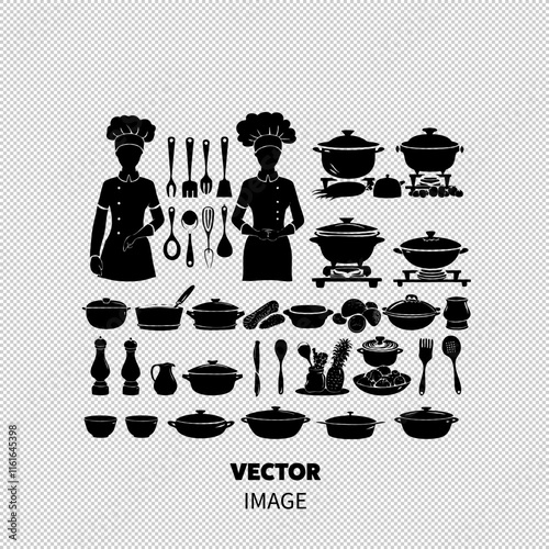 Two female chefs in silhouette, surrounded by kitchen utensils and cookware in a creative culinary setting.