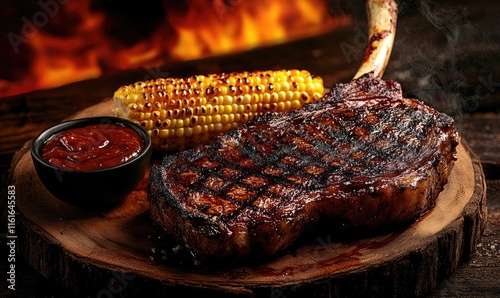 Grilled Tomahawk Steak on a Wooden Platter with Charred Corn and BBQ
