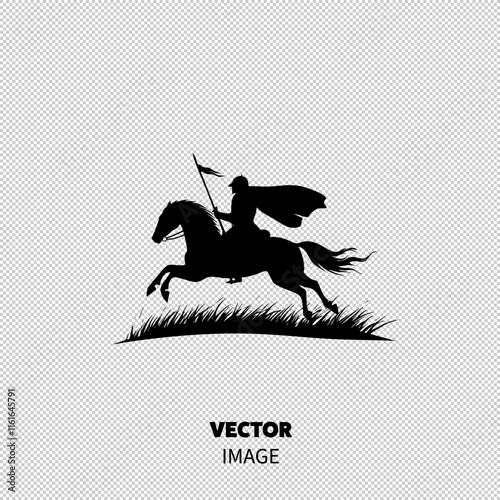 A silhouetted horsemen in a flowing cape racing across a grassy field, brandishing a flag in a display of strength and bravery.