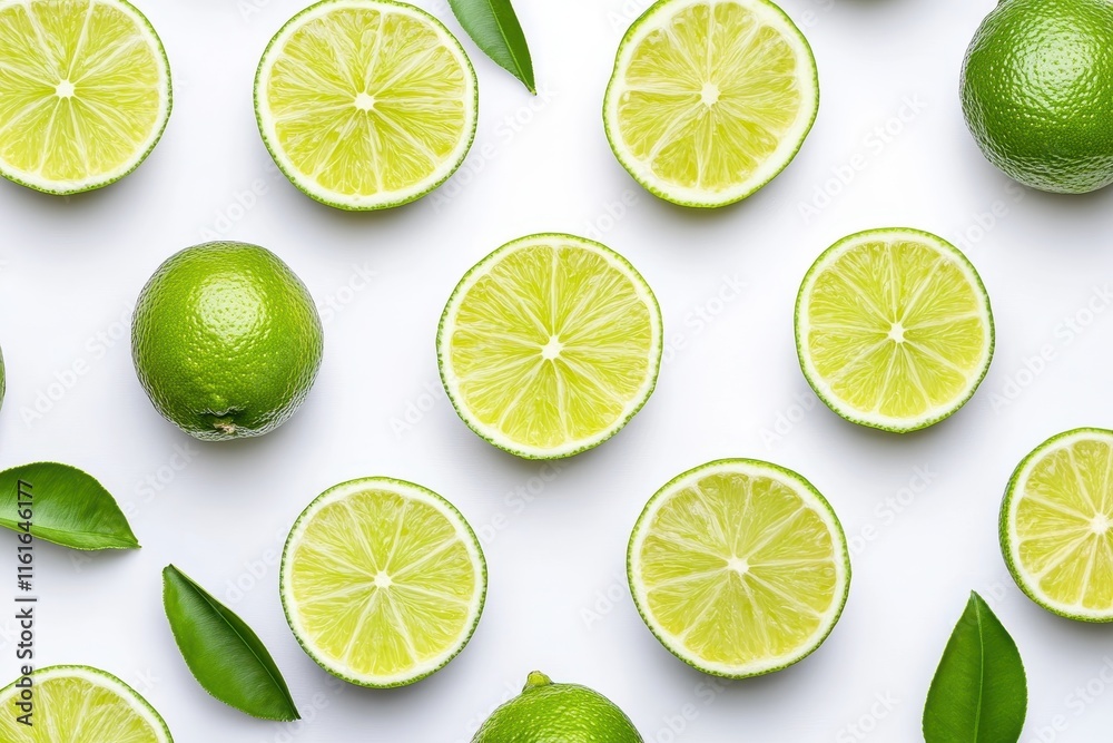 Halved lime with green leaf isolated on white background viewed from above Halved lime with green leaf isolated on white background viewed from above