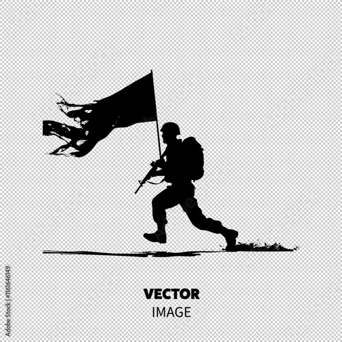 A determined soldier runs with a flag, symbolizing courage and commitment to duty.