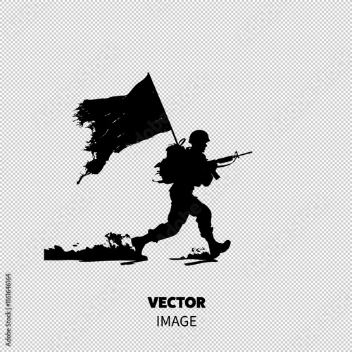 A silhouetted soldier, running with a tattered flag, symbolizing courage and resilience in a battlefield setting.