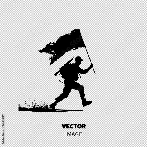 A silhouette of a soldier running with a torn flag, symbolizing resilience and sacrifice.