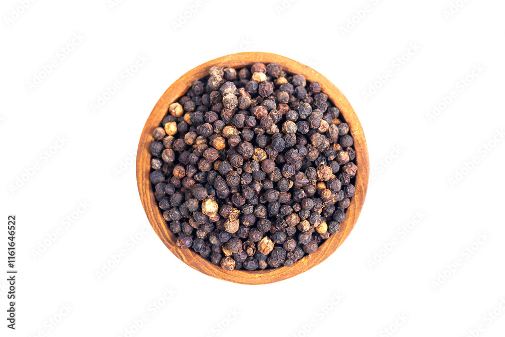 Black peppercorns (black pepper) in a wooden bowl isolated on a white background Black peppercorns (black pepper) in a wooden bowl isolated on a white background