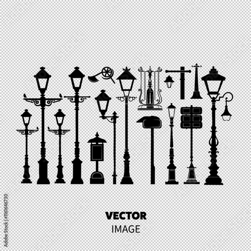 A diverse collection of vintage street lamps and signs in varying styles and designs.