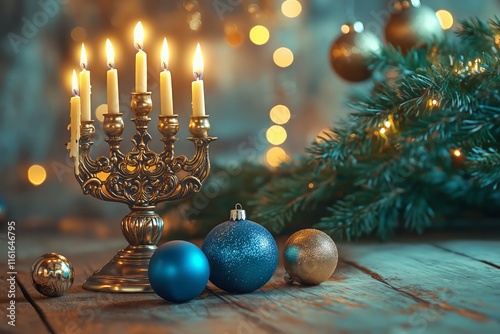 A beautifully lit Hanukkah menorah with Christmas decorations, such as lights and ornaments, creating an atmosphere of celebration for the Jewish holiday of Hanukkah
 - Generative AI photo