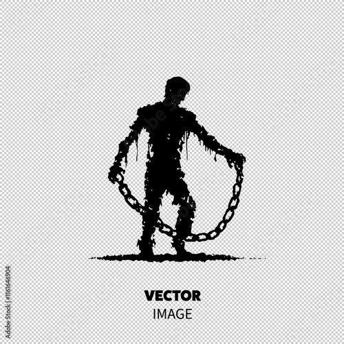 A haunting silhouette of a chained figure, evoking themes of struggle and confinement.