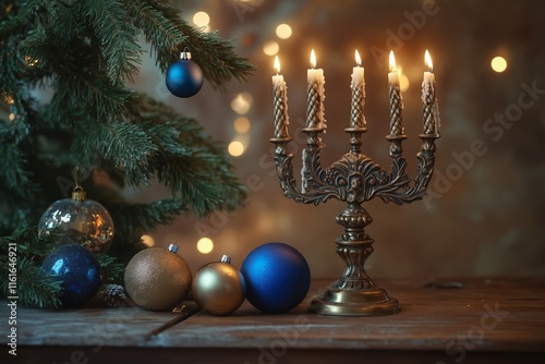 A beautifully lit Hanukkah menorah with Christmas decorations, such as lights and ornaments, creating an atmosphere of celebration for the Jewish holiday of Hanukkah
 - Generative AI photo