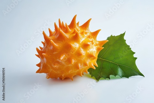 Horned melon with leaf on a white background photo