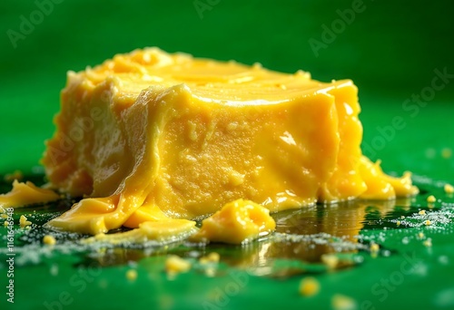 Melting Yellow Butter Block Green Background Rich Texture photo