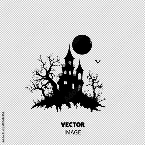 A spooky silhouette of a haunted house with a full moon and barren trees, perfect for Halloween themes.