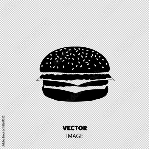 A delicious black and white silhouette of a classic hamburger with layers of toppings.