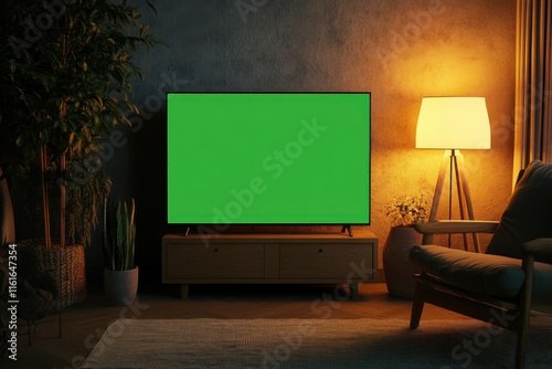 Image of a TV displaying a green screen in a warm living room with a lit chair and lamps