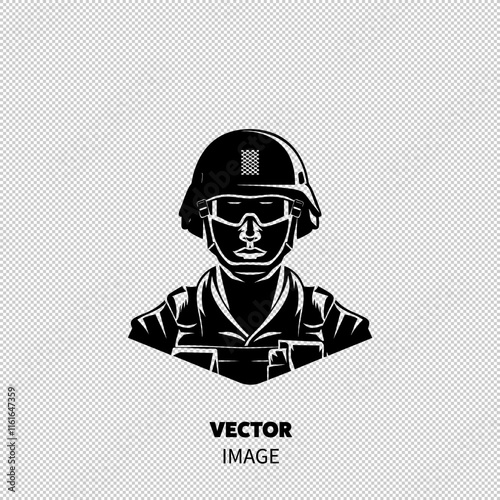 A bold black-and-white illustration of a soldier wearing a helmet and tactical gear, exuding strength and determination.