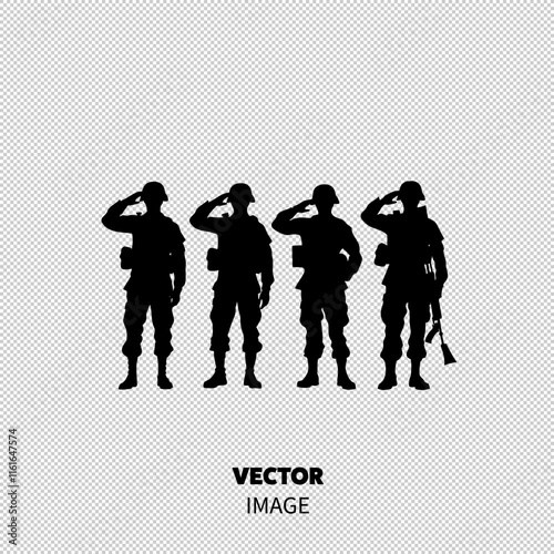 Silhouettes of four soldiers saluting, symbolizing respect and duty.