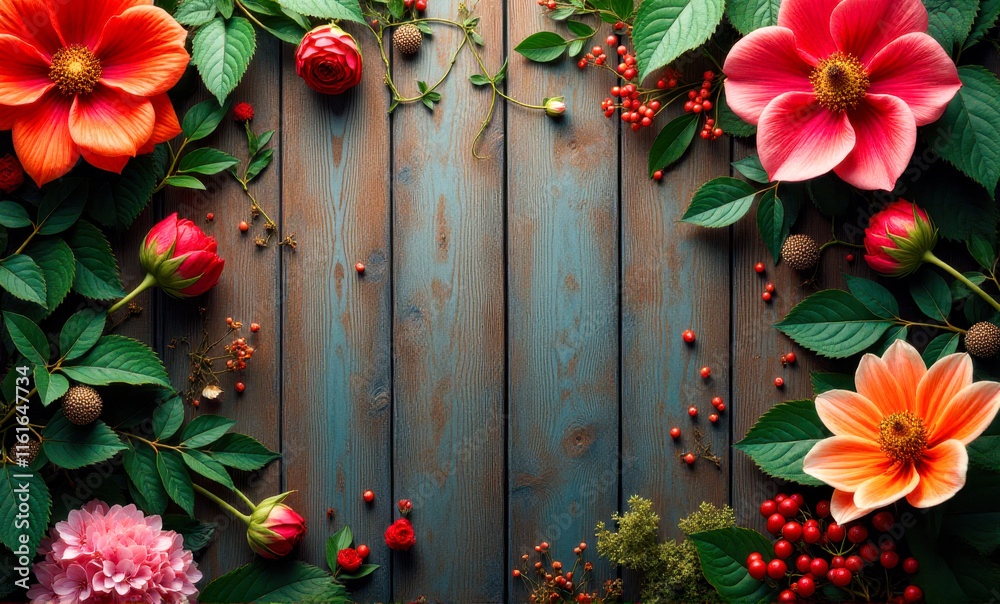 Fototapeta premium A horizontal frame of spring flowers on brown wooden background with space for text viewed from above