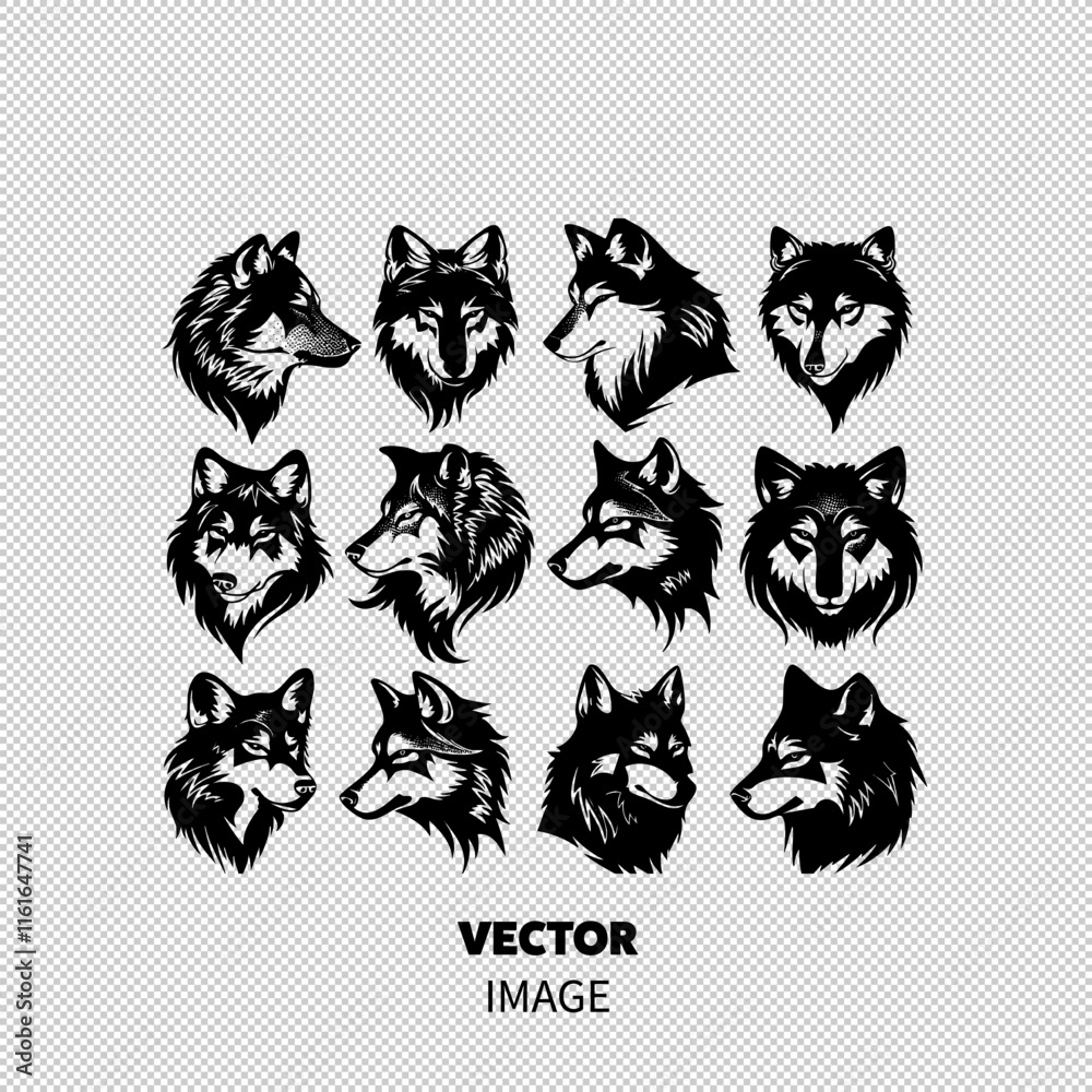A collection of intricately designed wolf heads in black and white, showcasing various expressions and styles.