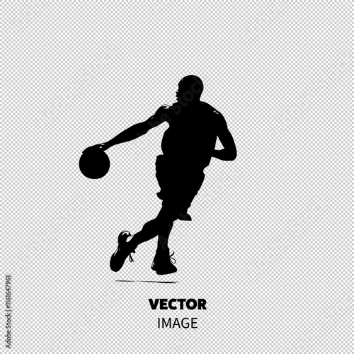 Silhouette of a male athlete performing a dynamic basketball move against a light backdrop.