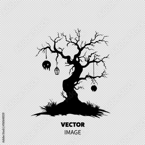 A spooky black silhouette of a gnarled tree adorned with eerie decorations, perfect for Halloween themes.