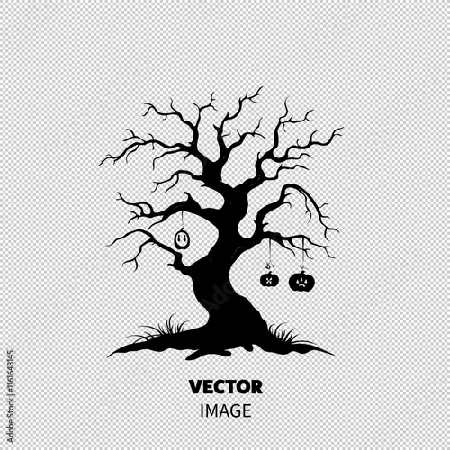 A spooky black tree adorned with Halloween decorations, including a ghost and carved pumpkins, set against a white background.