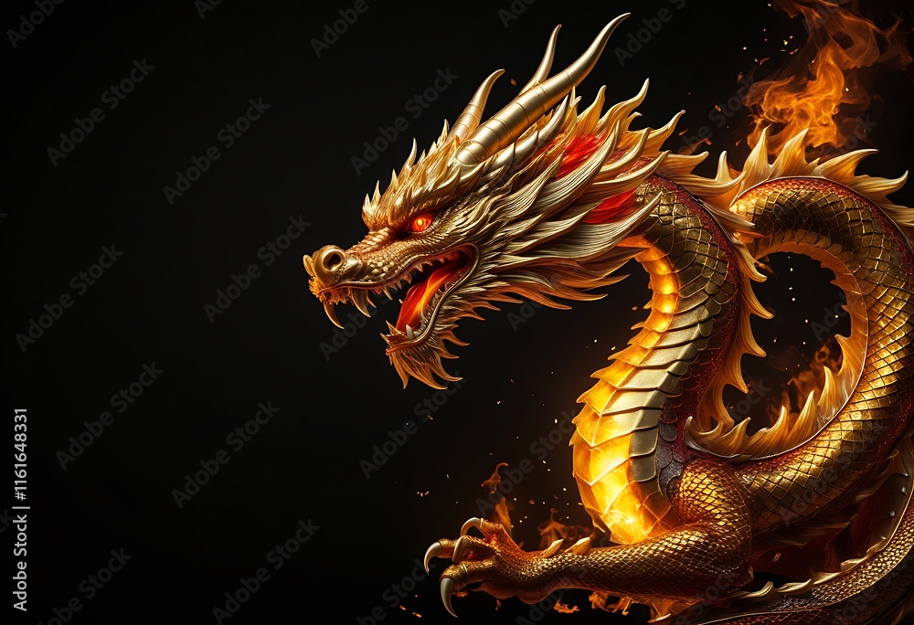 Fototapeta premium Fierce Golden Dragon with Burning Flames for Background. Generative AI