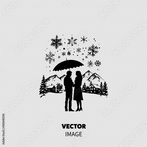 A romantic silhouette of a couple under an umbrella amidst falling snowflakes, creating a cozy winter scene.