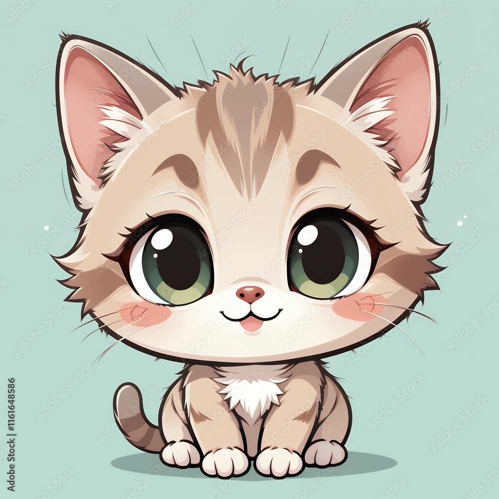 Adorable Cartoon Kitten Posing Against a Mint Green Background Adorable Cartoon Kitten Posing Against a Mint Green Background