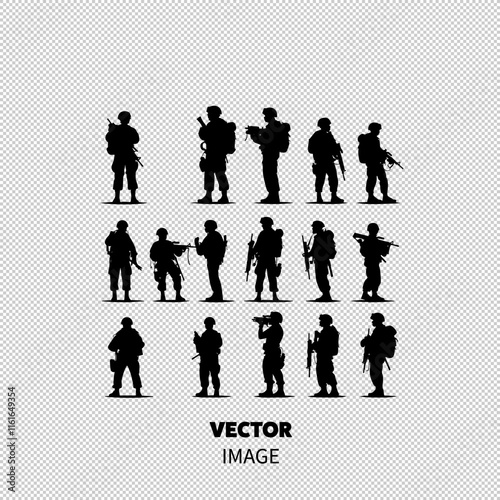 A dynamic collection of military silhouettes showcasing diverse soldiers in various poses and attitudes.