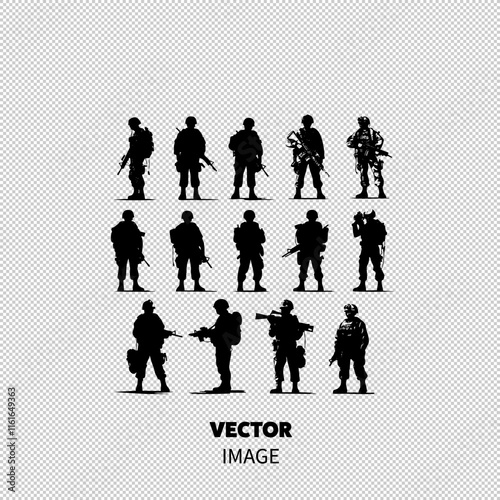 Silhouettes of diverse soldiers in various poses, showcasing military gear and weaponry.